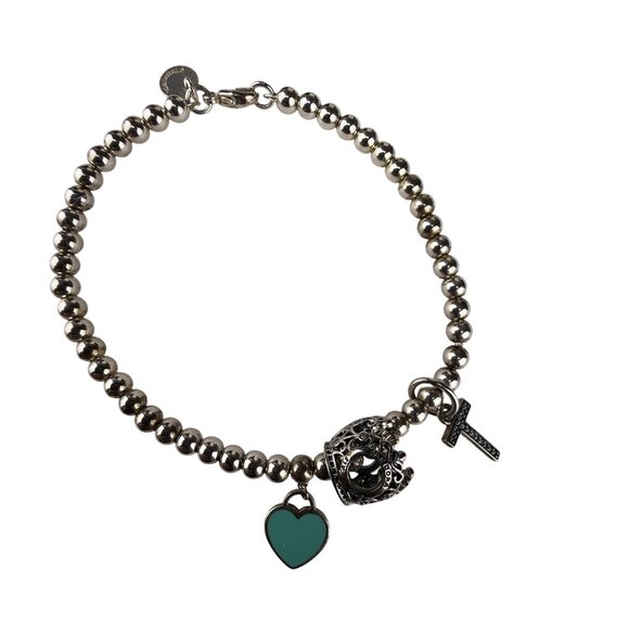Tiffany & Co. AG925 Womens Silver-Tone Beaded Charm Bracelet With Heart & Cross - Picture 1 of 11